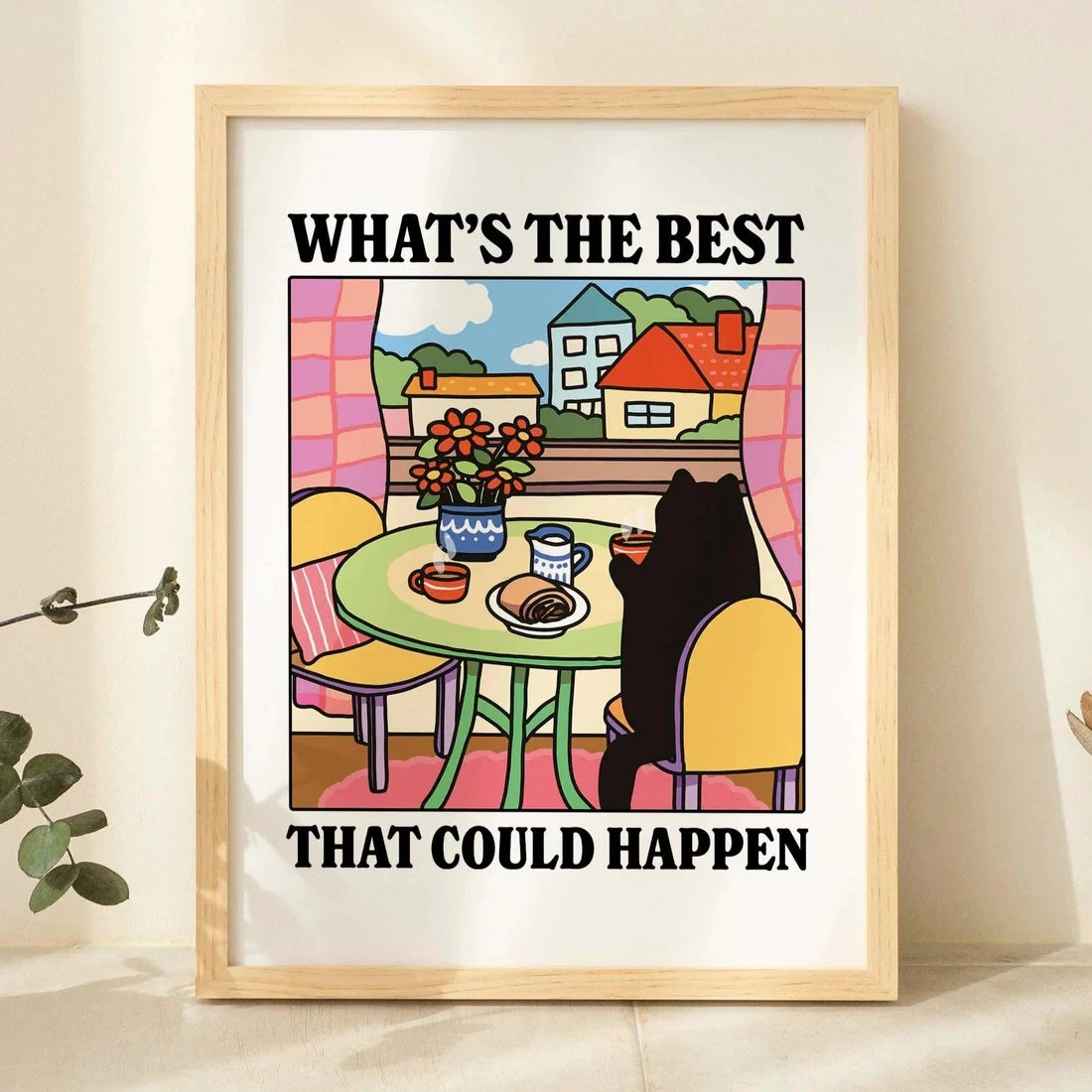 Best That Could Happen Cartoon Cat Wall Art Prints Canvas Painting Poster Picture For Living Children Room Home Decor Gift Peaceful Pleasures Health and Wellness G3091 21x30cm Black Frame
