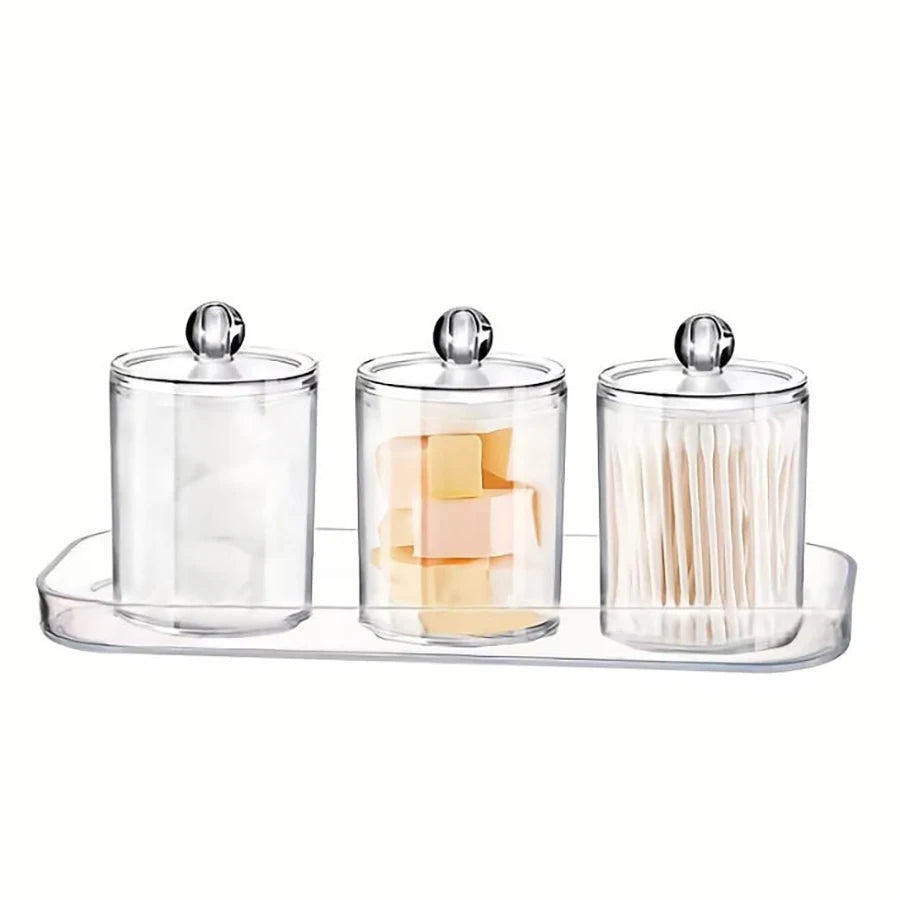 Clear Acrylic Bathroom Canister with Tray Plastic Apothecary Jars Storage box Bathroom Organizers for Qtip, Cotton Balls, Floss Peaceful Pleasures Health and Wellness B
