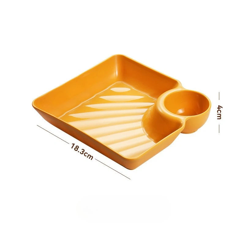 Chip Dip Serving Platter Set, Plastic Dumpling Plates with Sauce Compartment, Square Serving Dish Sushi Plates Peaceful Pleasures Health and Wellness Yellow 7.28in x 7.2in