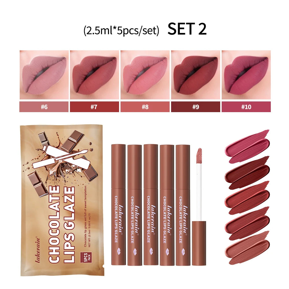 5-Piece Chocolate Matte Lip Gloss Set – Waterproof & Moisturizing Matte Lip Gloss Set Peaceful Pleasures Health and Wellness 2