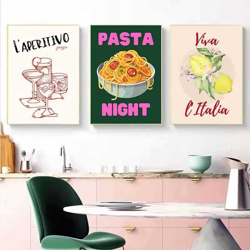 Retro Italian Kitchen Canvas Wall Art | Pasta & Lemon Poster Canvas Wall Art Peaceful Pleasures Health and Wellness