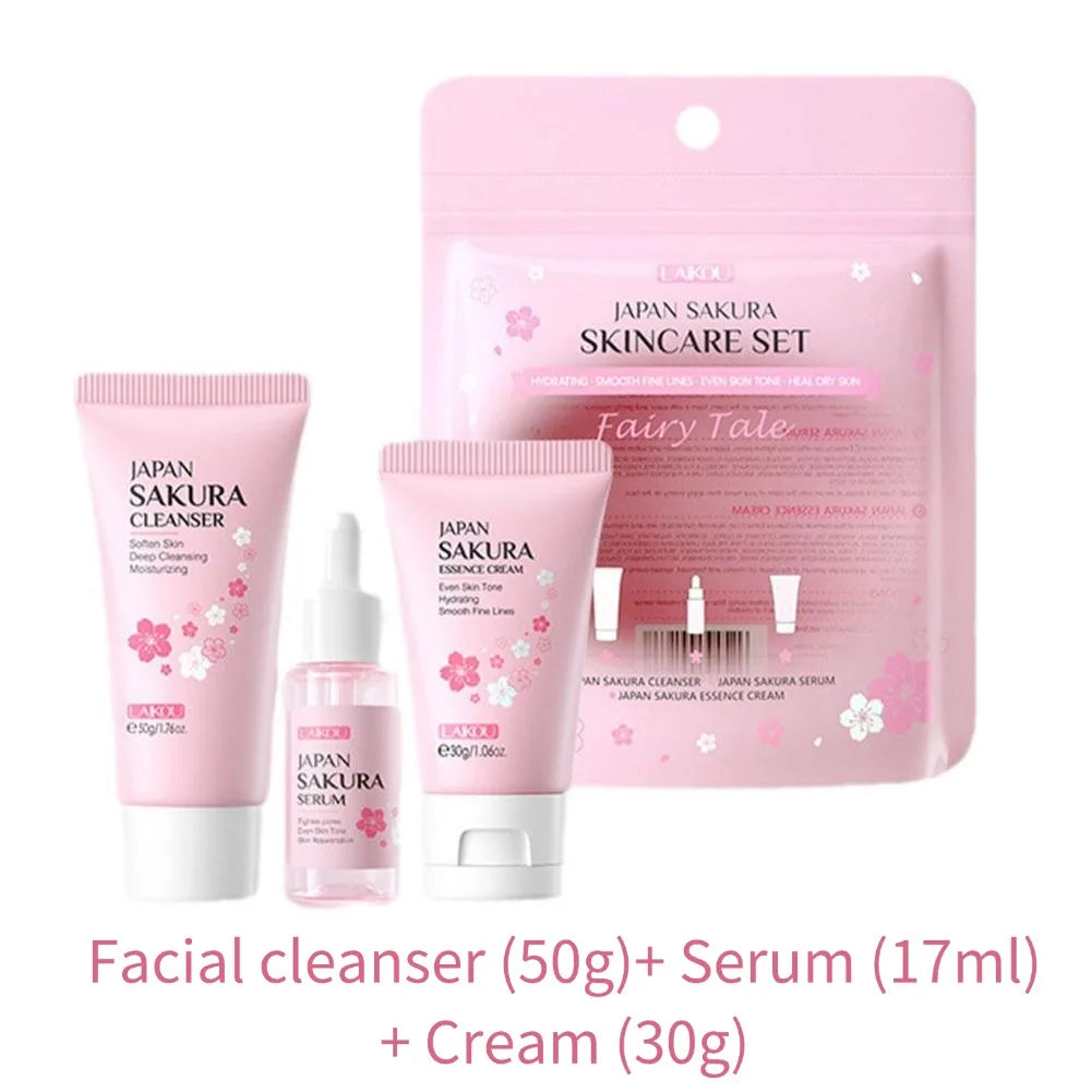 Sakura skin care sets with cleanser, serum, eye cream, facial cream, beauty products for women, travel skin care kit Peaceful Pleasures Health and Wellness 3PCS