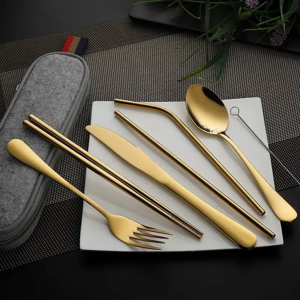 8-Piece Reusable Stainless Steel Travel Cutlery Set – Portable Utensils with Spoon, Fork, Chopsticks, Straw & Case