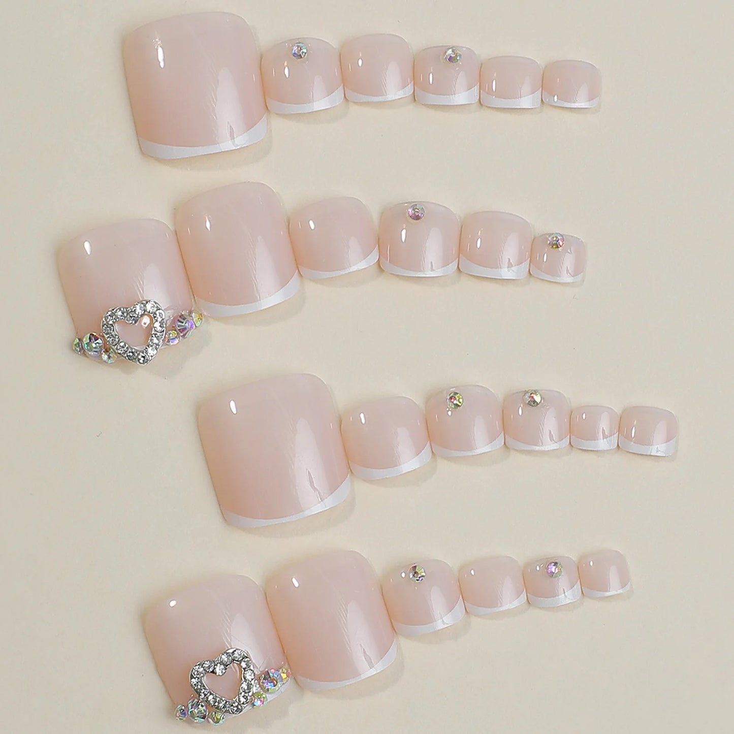 24pcs French Press-On Toenails Glossy White Diamond Decor