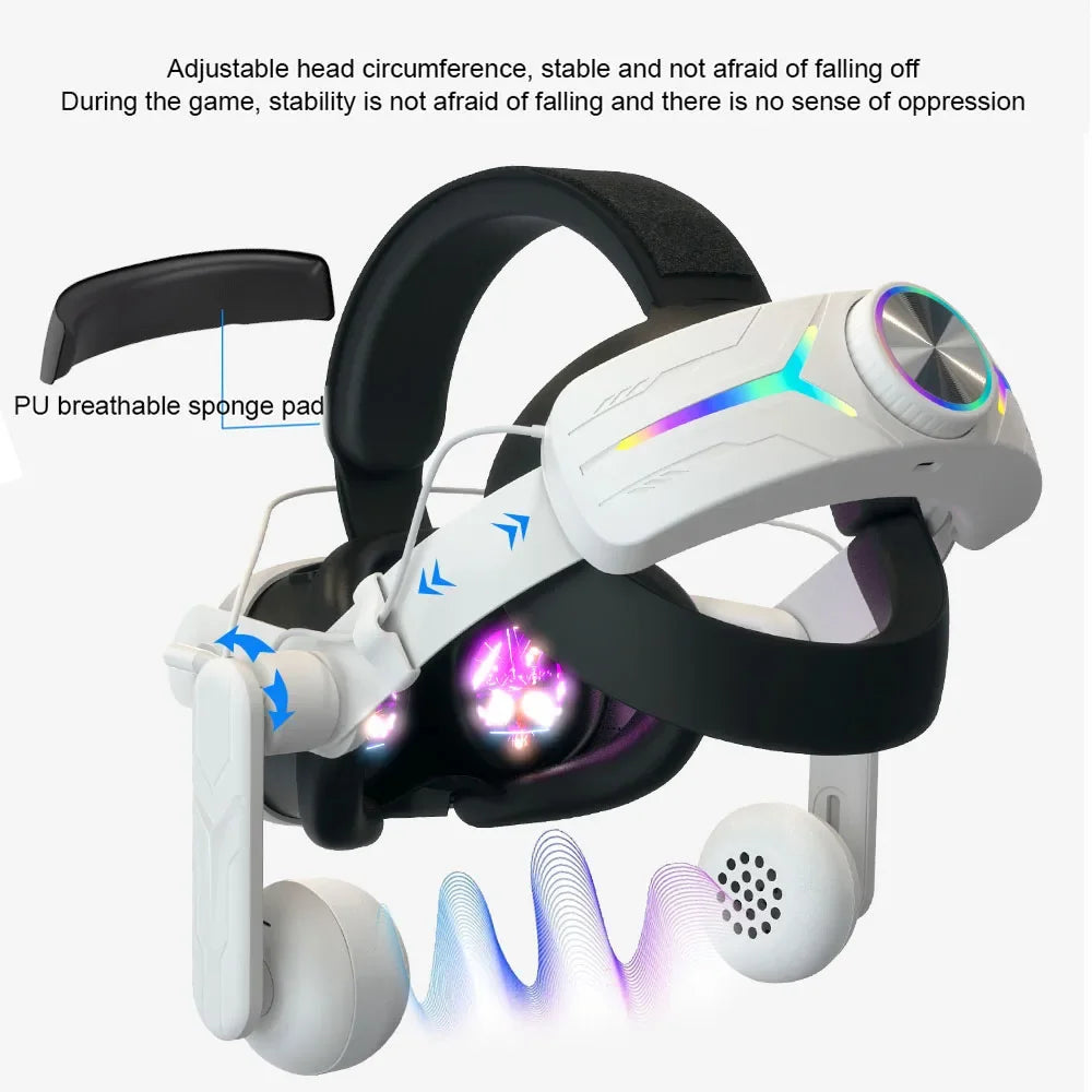 Head Strap Built-In 8000mAh Battery RGB Light For Meta Quest 3 VR Glasses Comfort On-Ear Audio Enhanced Sound Elite Head Strap Peaceful Pleasures Health and Wellness