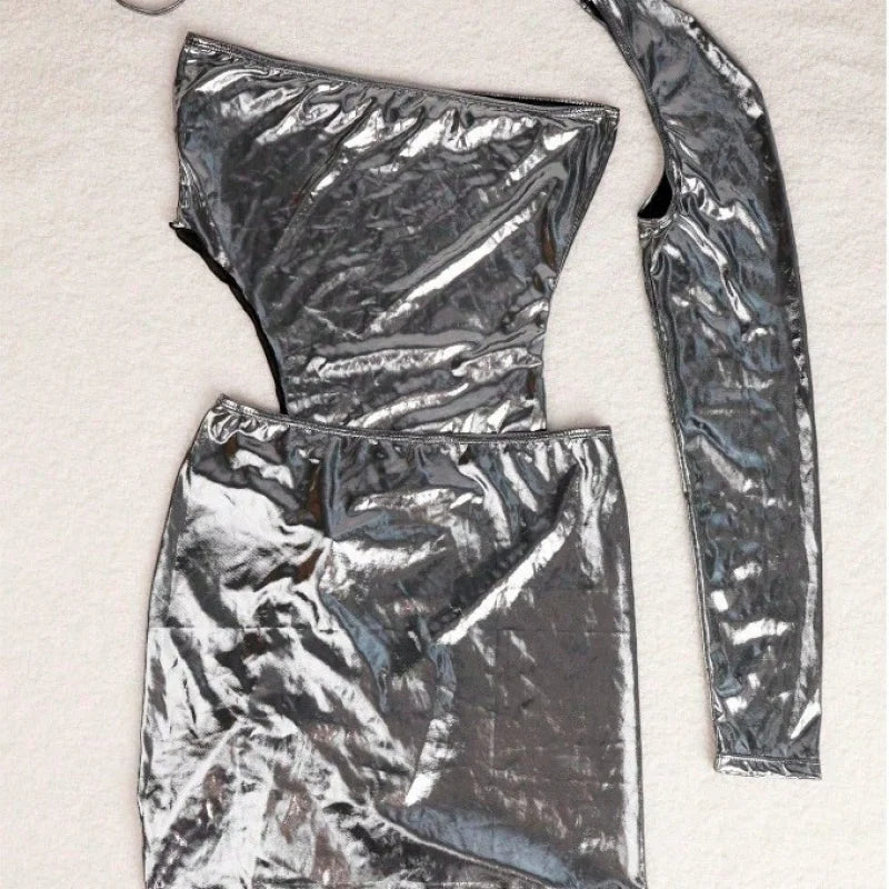 Women's Liquid Metal One-Shoulder Long Sleeve Slim Bodysuit