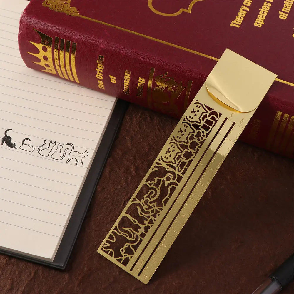 Double-Sided Cat Pattern Ruler Precision Educational Cat Template Ruler Kawaii Stationery Tool Metal Bookmark Painting Drawing Peaceful Pleasures Health and Wellness