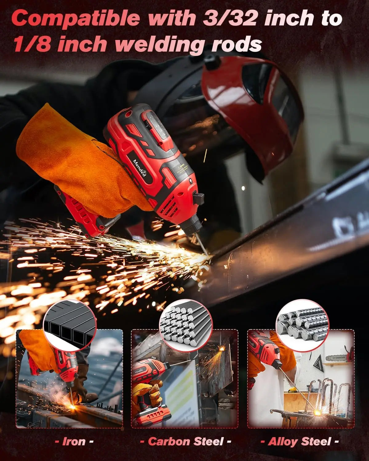 Welding tool with sparks and compatibility information for different types of steel.