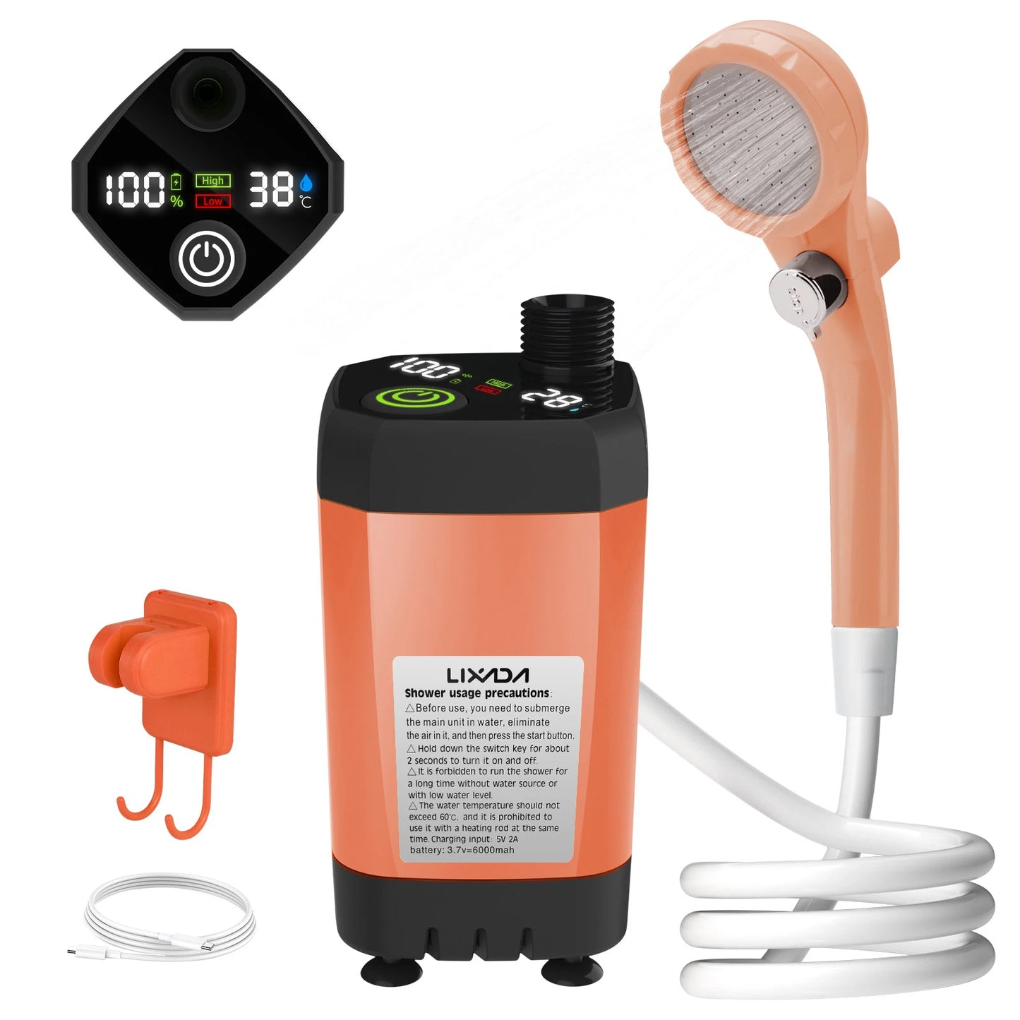 Adjustable 6000mAh Shower Camping Pump RV Outdoor Camp W Full Screen