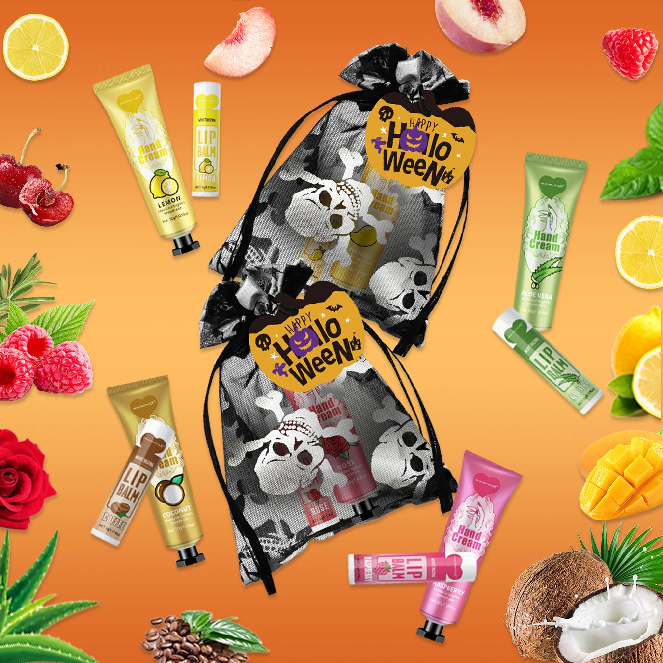 12 Halloween gift sets/box, lip balm set, hand cream set, Easter, skull mesh bag and pumpkin card, Trick or treat Peaceful Pleasures Health and Wellness