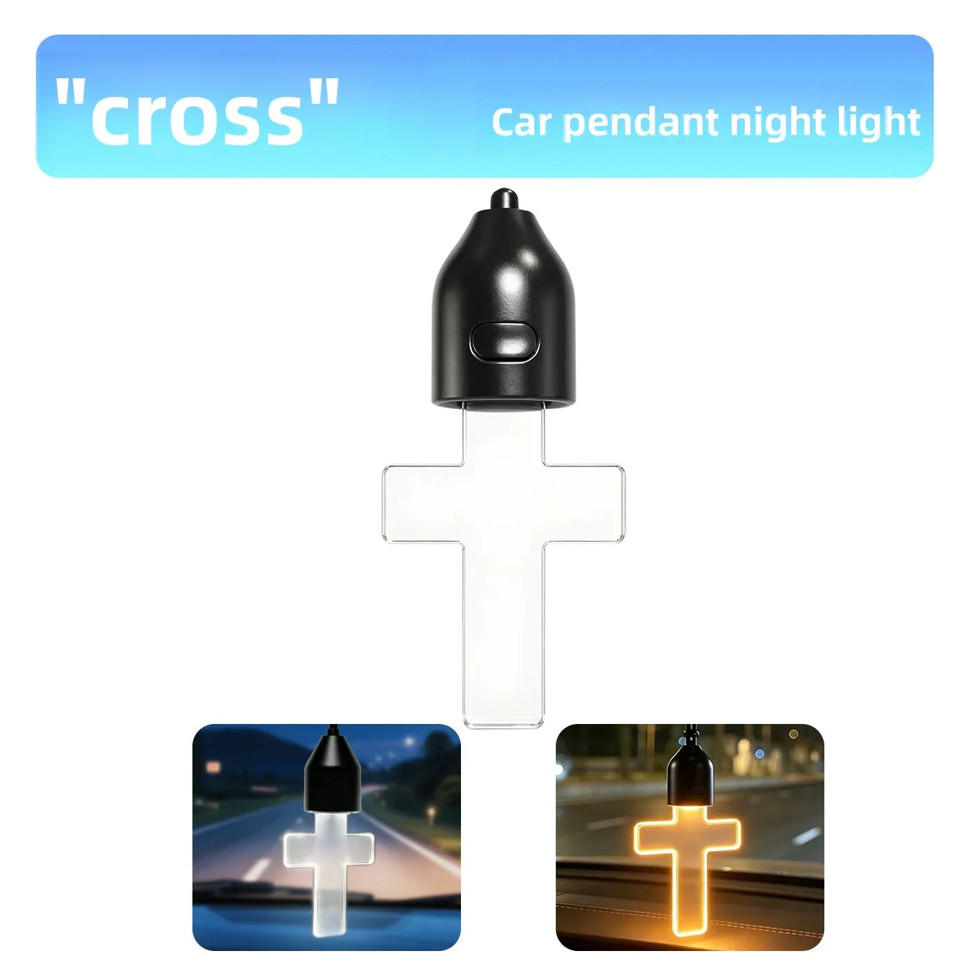 Crystal Cross Car Mirror Pendant LED Ambient Night Light