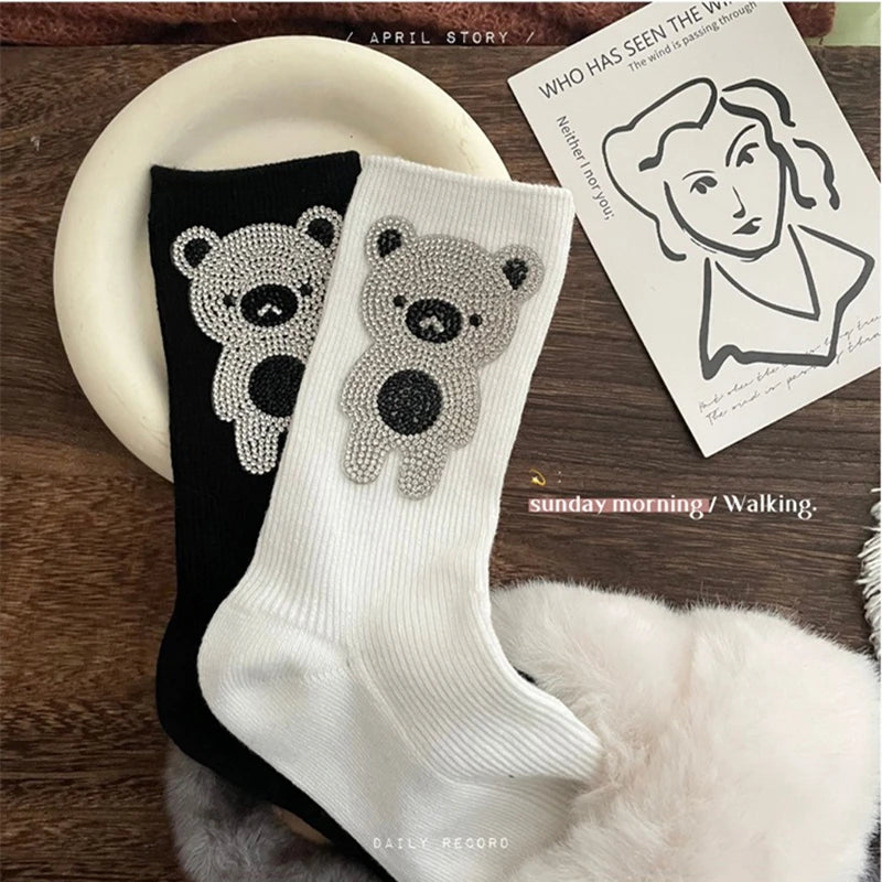 Diamond Cartoon Bear Decorative Socks, Fashionable Diamond Sparkling Women's Socks, Comfortable And Breathable Christmas Socks Peaceful Pleasures Health and Wellness
