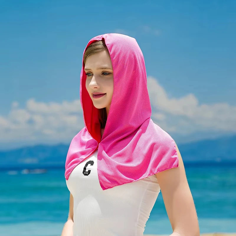 Cooling Hoodie Towel- Hood Towel Evaporative Cool Technology Cools Instantly When Wet Great for Sports Fitness Gym Bandana Peaceful Pleasures Health and Wellness rose red