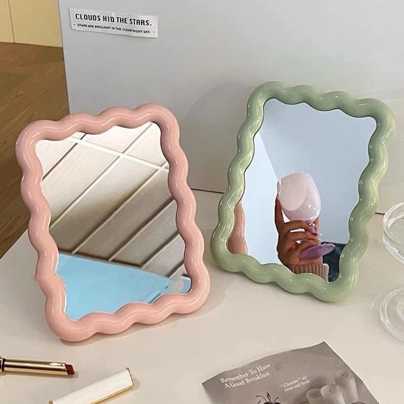 Corrugated Desktop Makeup Mirror Solid Color Simple Portable Handheld Makeup Mirror Foldable Student Compact Cute Mirror Peaceful Pleasures Health and Wellness