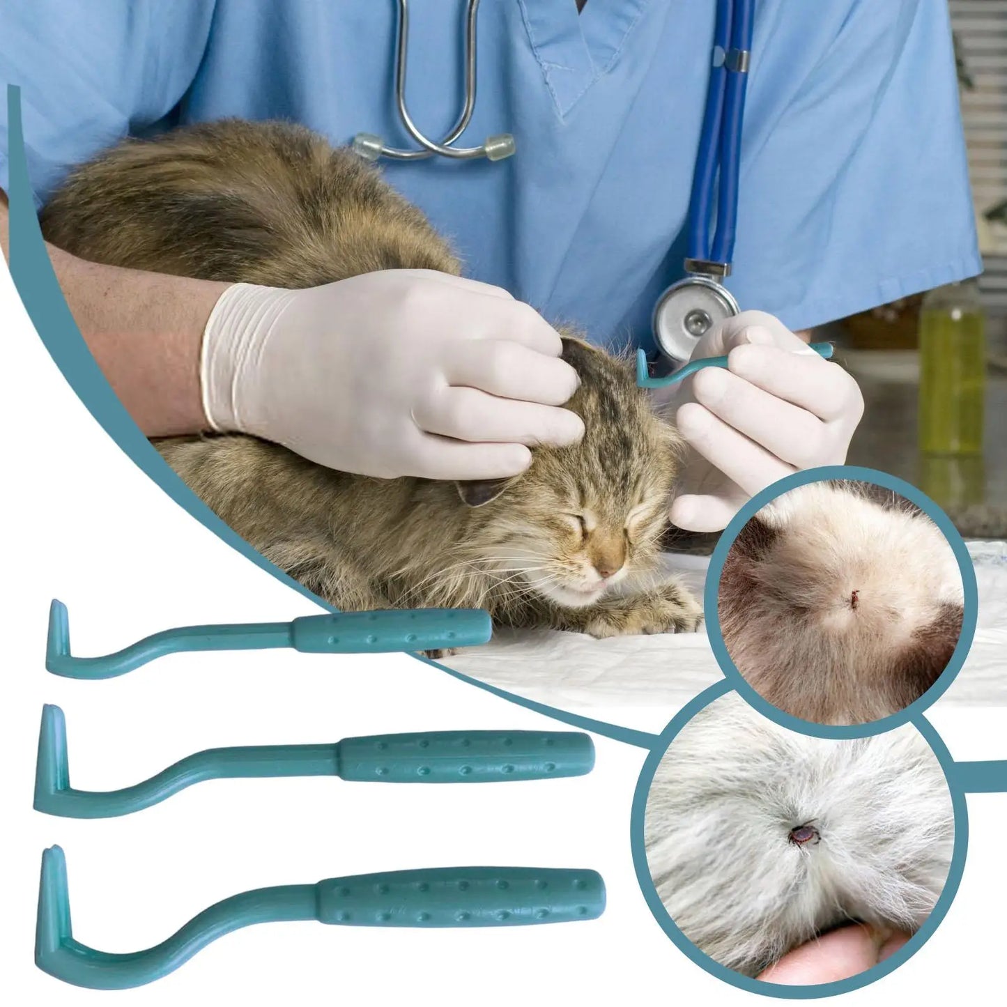 3-Pack Tick & Flea Remover Hook Tweezer Set for Cats & Dogs
