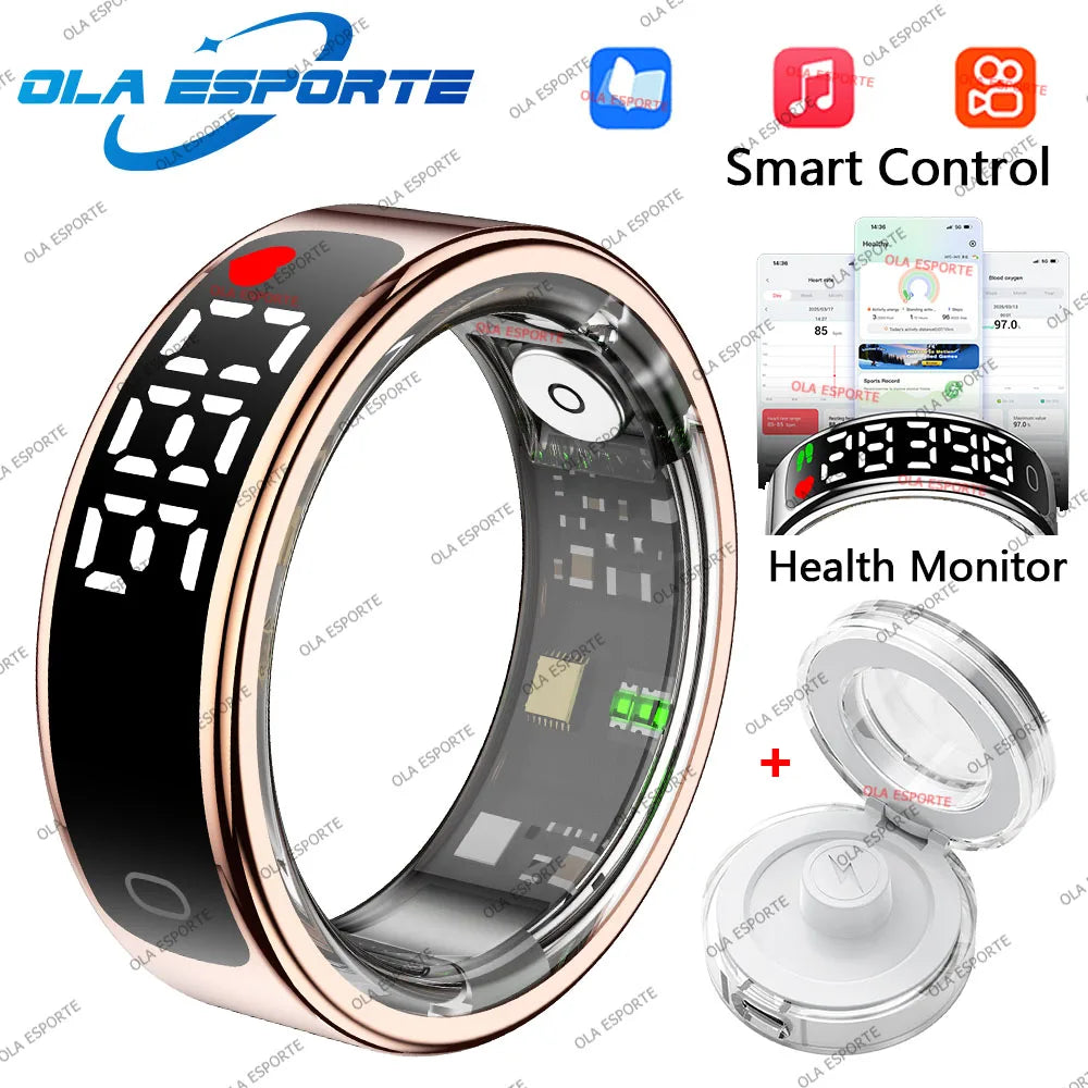 LED Hd Screen Smart Ring Tiktok Control Men Ring 5ATM Waterproof Heart Rate Sleep Monitor Women Smartring 100+Sports Model Ring Peaceful Pleasures Health and Wellness Rosegold 12