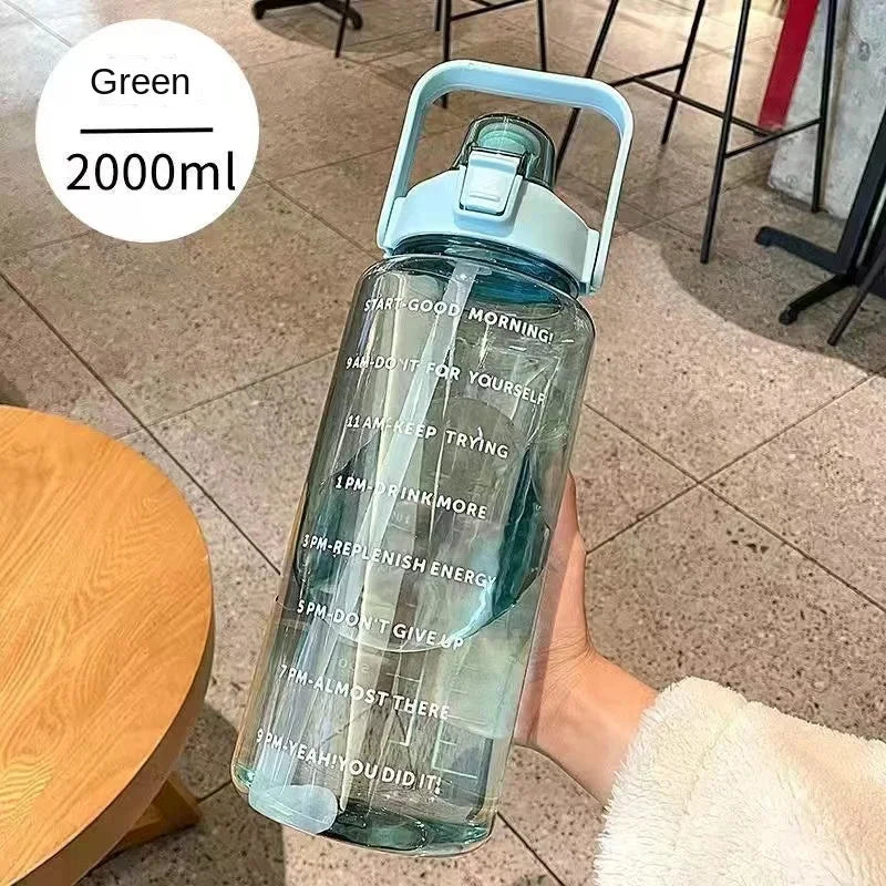 2L Portable Water Bottle Large Capacity Plastic Straw Water Cup Drink Bottle with Time Marker for Outdoor Sports Fitness Hot Peaceful Pleasures Health and Wellness green 2.0L