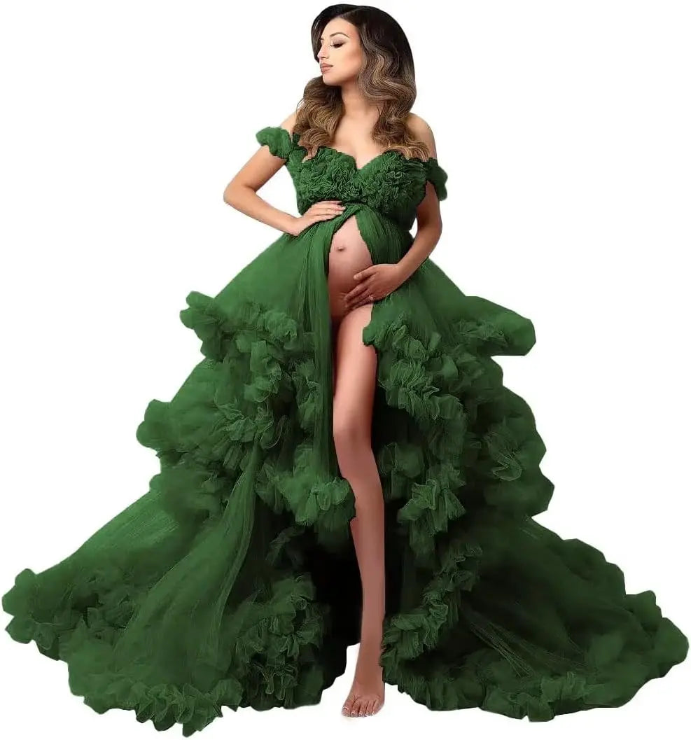 Photoshoot & Baby Shower Tulle Maternity Dress - Puffy Ruffles, Sheer Design, Bridal Lingerie Bathgown for Pregnancy Peaceful Pleasures Health and Wellness Emerald Green US 18W