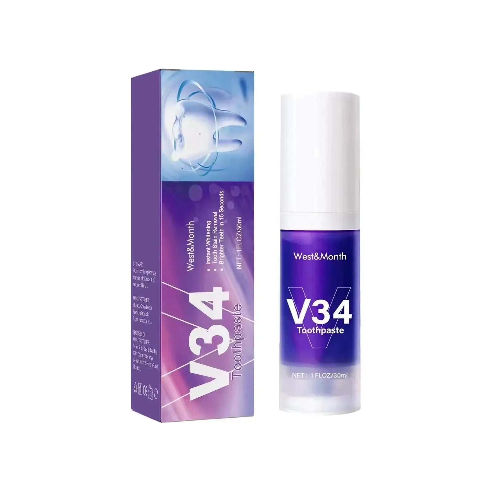 30ml V34 SmileKit Purple Toothpaste Clean Oral Hygiene Fresh Breath Removes Tartar Teeth Whitening Products Toothpaste Squeezer Peaceful Pleasures Health and Wellness V34 ya gao