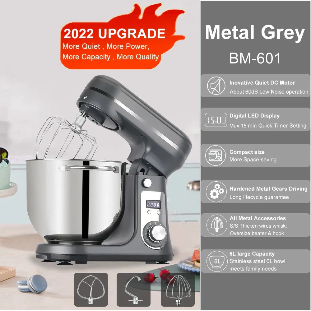 BioloMix 1200W 6L Stand Mixer – 6-Speed, Quiet DC Motor, Tilt-Head Stand Mixer BioloMix 6L Grey BM-601 EU United States