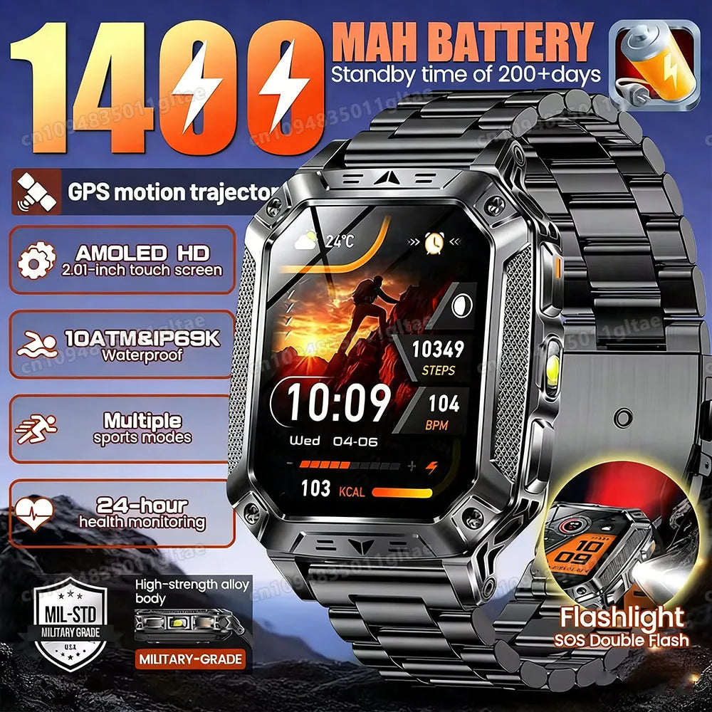1400mAh Big Battery Smart Watch Men Outdoor GPS Flashlight 10ATM Waterproof Bluetooth Call AMOLED HD Sports Smartwatch AT-1282 Peaceful Pleasures Health and Wellness