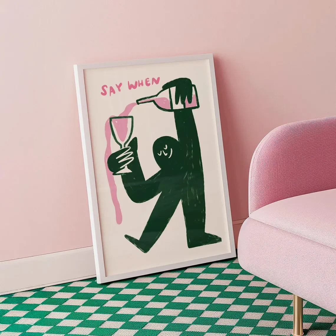 Cozy Wine Toast Abstract Art WALL ART PRINT DECOR – Whimsical "Say When" Typography & Figure, a Cheerful Addition to Brunch Nook Peaceful Pleasures Health and Wellness