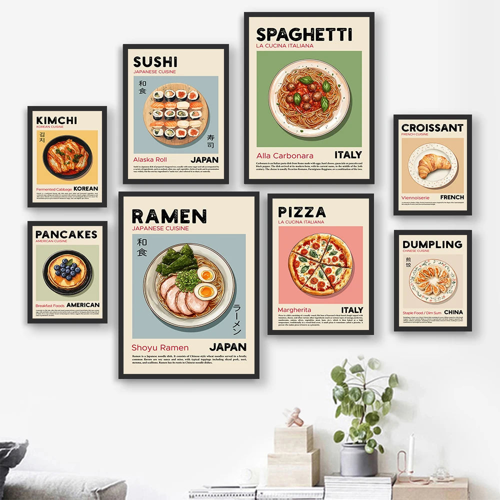 Kitchen Food Poster Pizza Ramen Sushi Spaghetti Kimchi Pancakes Croissant Dumpling Wall Art Canvas Print for Dinning Room Decor Peaceful Pleasures Health and Wellness