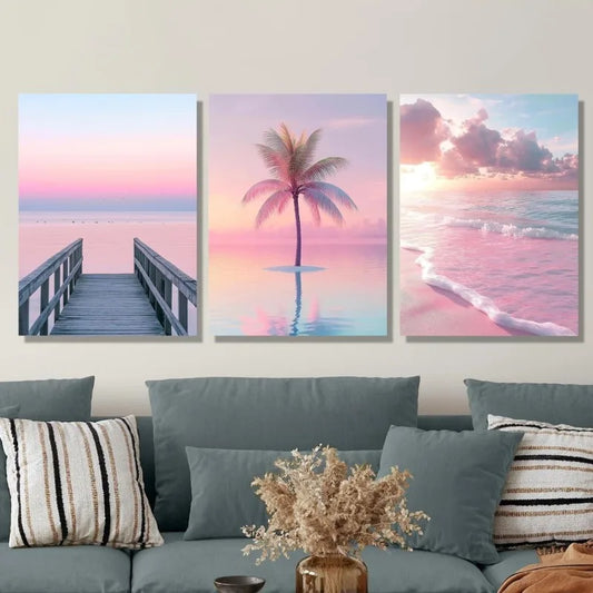 3-Piece Pink Sunset Beach Canvas Wall Art | Tropical Decor Canvas Wall Art Set Peaceful Pleasures Health and Wellness