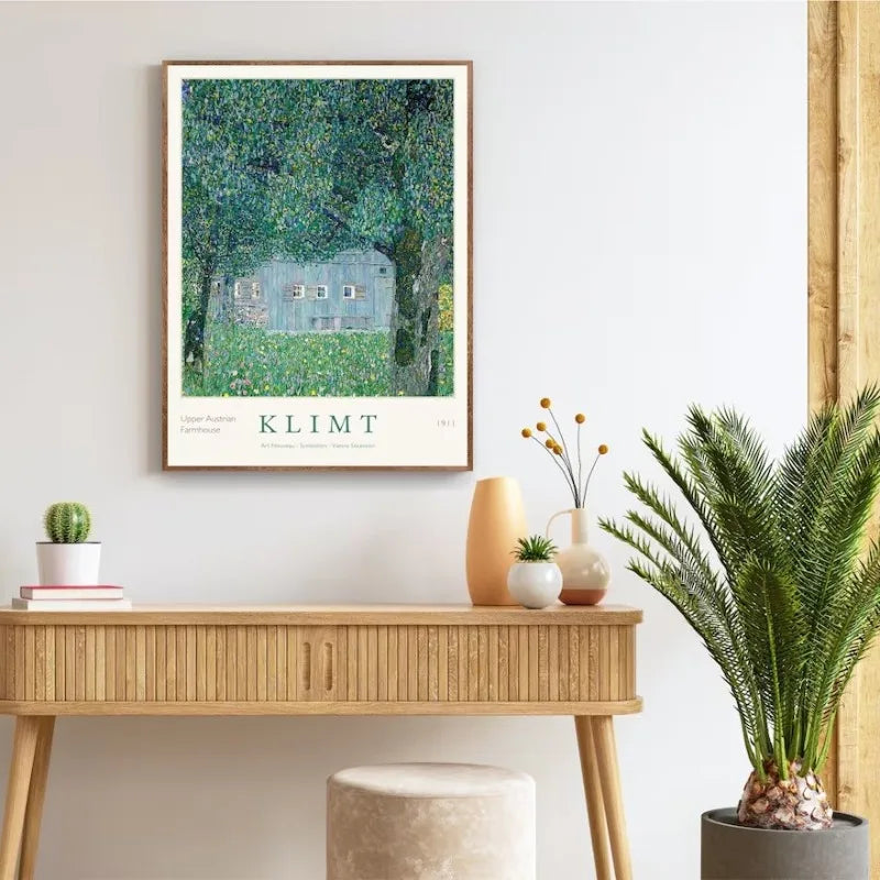 Gustav Klimt Art Print Exhibition Poster Farmhouse Birch Tree Pond Landscape Canvas Painting Wall Art for Living Room Home De Peaceful Pleasures Health and Wellness