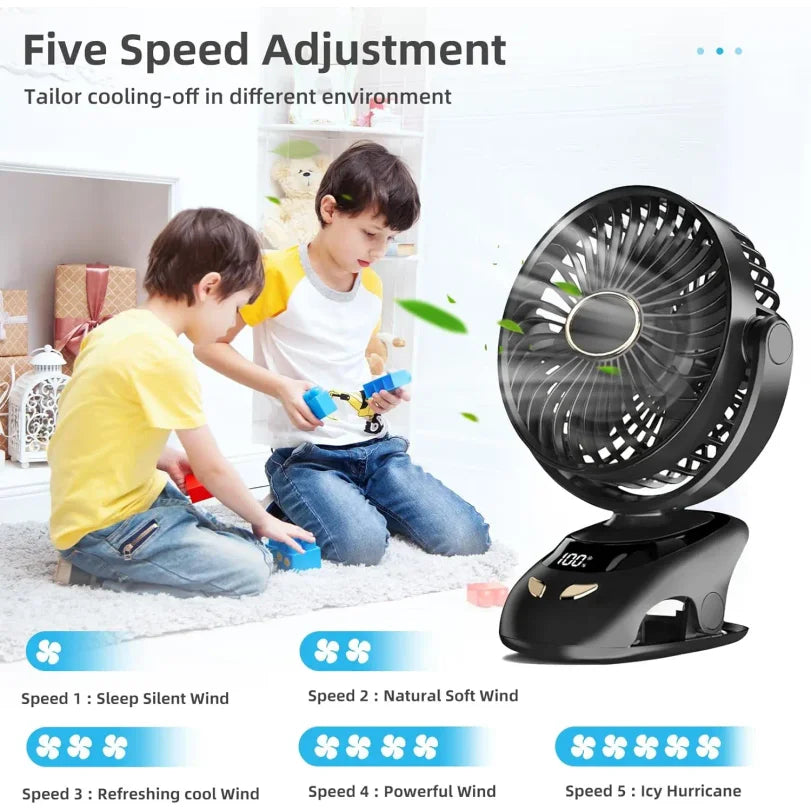 Portable USB Clip-On Desk Fan | 5-Speed, LED Display, Rechargeable
