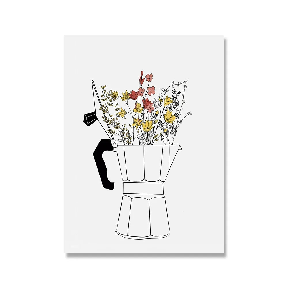 Coffee Lover Canvas Wall Art | Nordic Floral Cup Print Poster Canvas Wall Art Peaceful Pleasures Health and Wellness WHITE 30x40cm Unframed