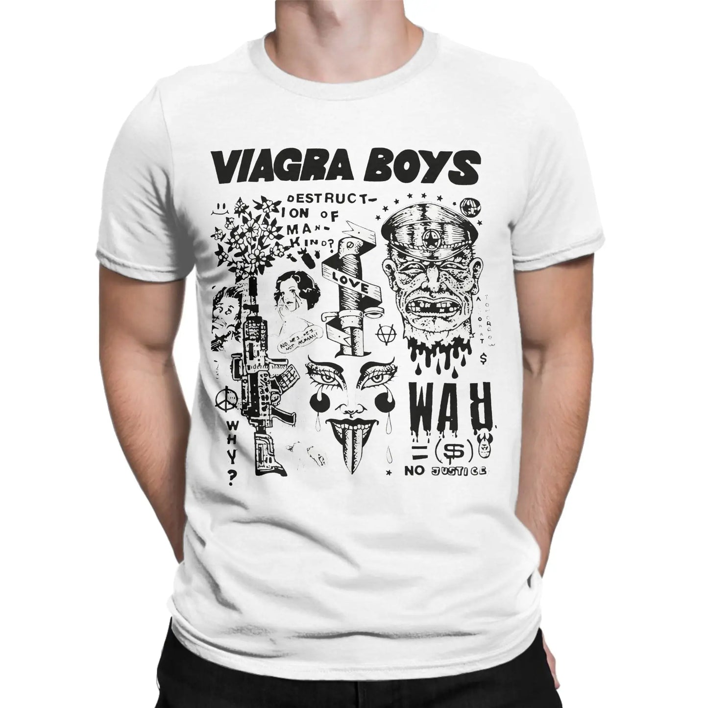 Viagra Boys Band Vintage Cotton T-Shirt | Men's Graphic Tee Band Graphic T-Shirt Peaceful Pleasures Health and Wellness WHITE 5XL