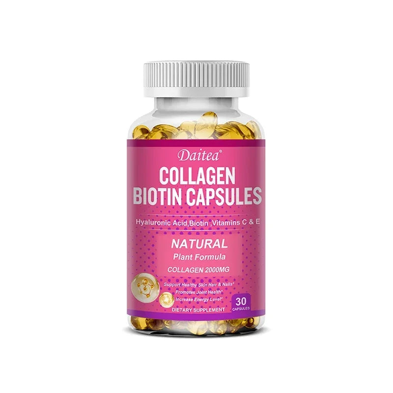 Collagen Biotin Supplement - Hyaluronic Acid Biotin Vitamin C E - Hair Skin Nails Joint Support and Energy Boost Vegan Capsules Peaceful Pleasures Health and Wellness 30 count-1bottle