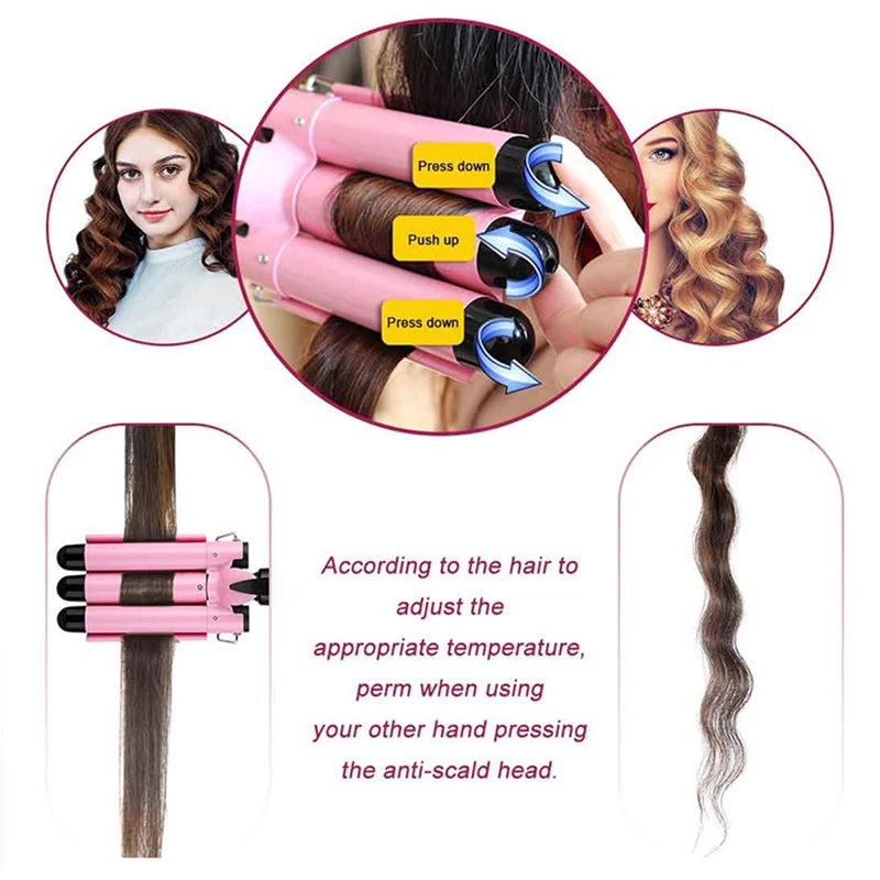 Easy Big Wave Hot Selling Portable New Mini Pink Ceramic Triple Barrel Curler Professional Hair Curling Iron Peaceful Pleasures Health and Wellness