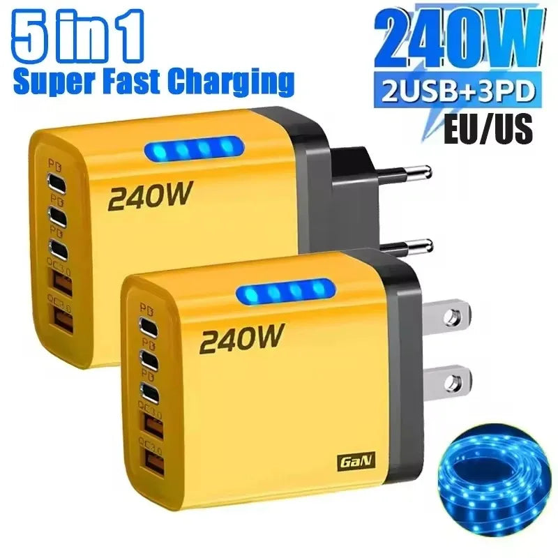240W Fast Charger with 2 USB 3 Type-C PD 3.0 Fast Charging with LED Light for iPhone 16 Samsung Xiaomi POCO USB-C Wall Chargers Peaceful Pleasures Health and Wellness