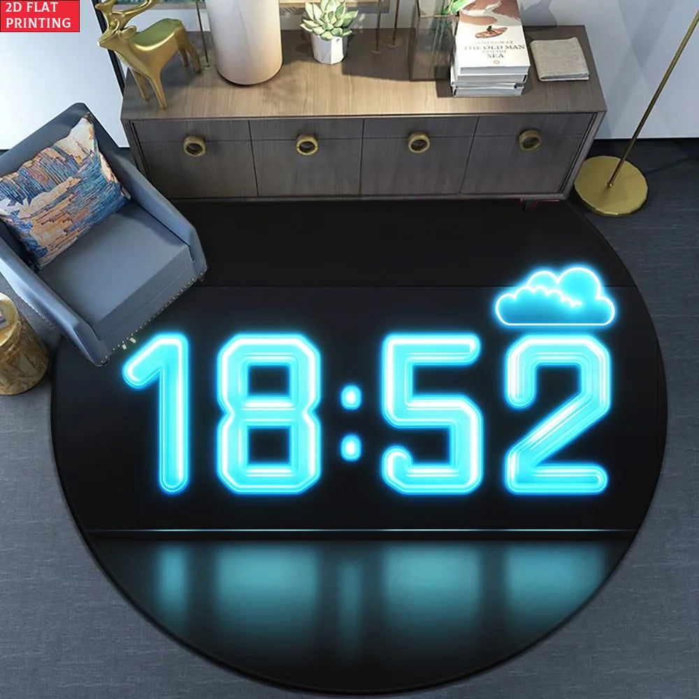 1pc Digital Clock Design Round Rug for Modern Living Room Decor 2D Flat Printed Floor Mat Non-Slip Home Decoration Peaceful Pleasures Health and Wellness