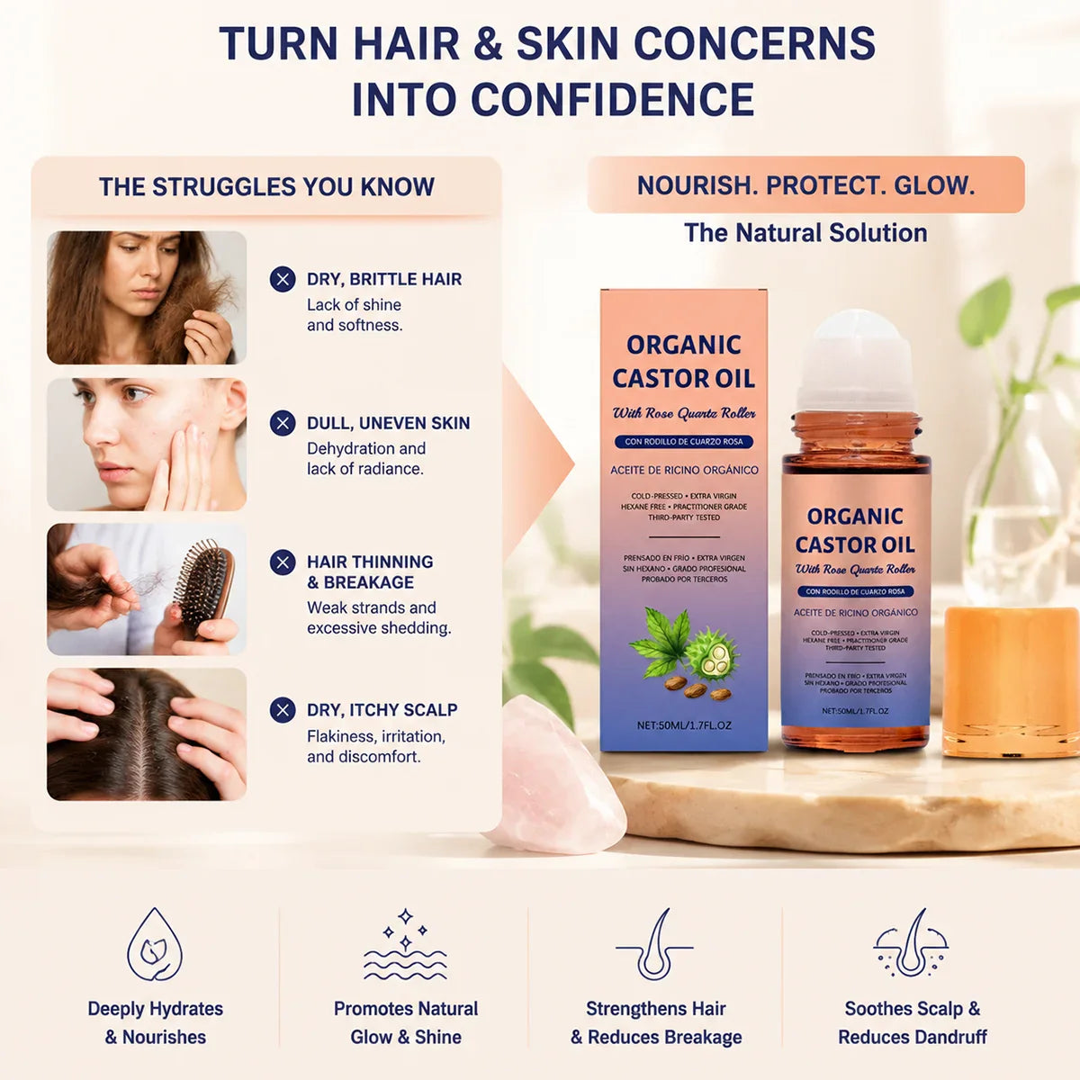 Organic Castor Oil with Rose Quartz Roller – Cold Pressed 50ml
