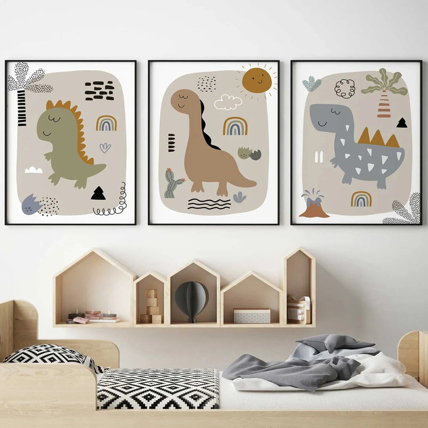 3-Piece Cartoon Dinosaur Canvas Wall Art | Kids Room Decor
