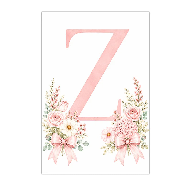 Floral Alphabet Wall Art Custom Letter Canvas Painting Pink Flower Poster Print Nursery Wall Decor Peaceful Pleasures Health and Wellness