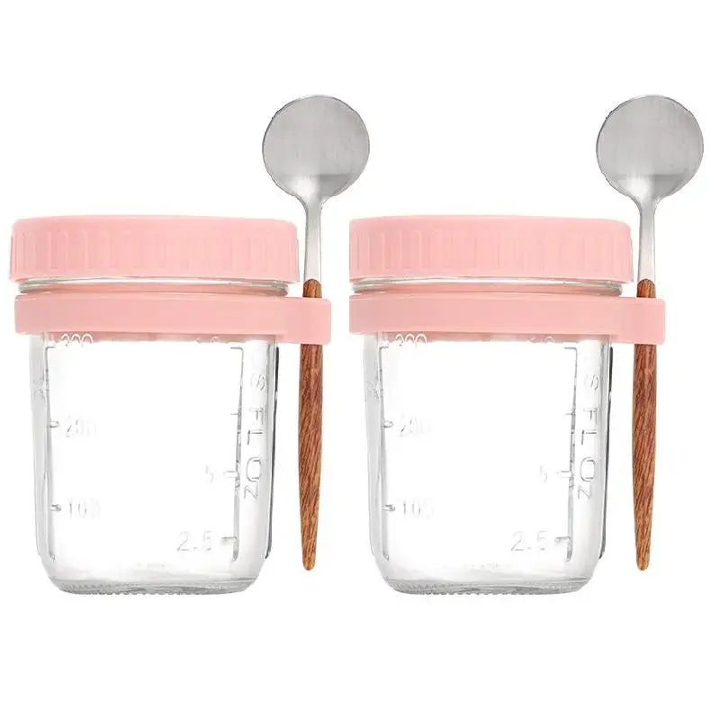350ml Glass Overnight Oats Jar with Lid & Spoon | 1 or 2 Pack Glass Food Storage Jar Peaceful Pleasures Health and Wellness 2PCS Pink