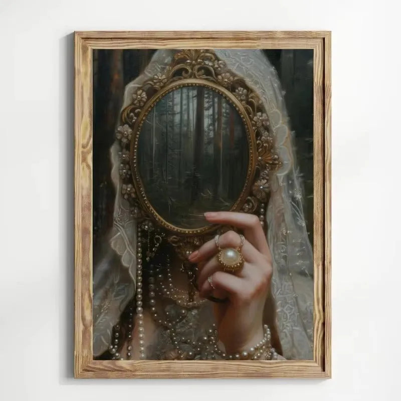 Mysterious Gothic Witchcraft Aesthetics Mirror Forest Women Wearing Veils Art Poster Canvas Bedroom Living Room Wall Decoration Peaceful Pleasures Health and Wellness ZLH5047 60x90cm No Frame