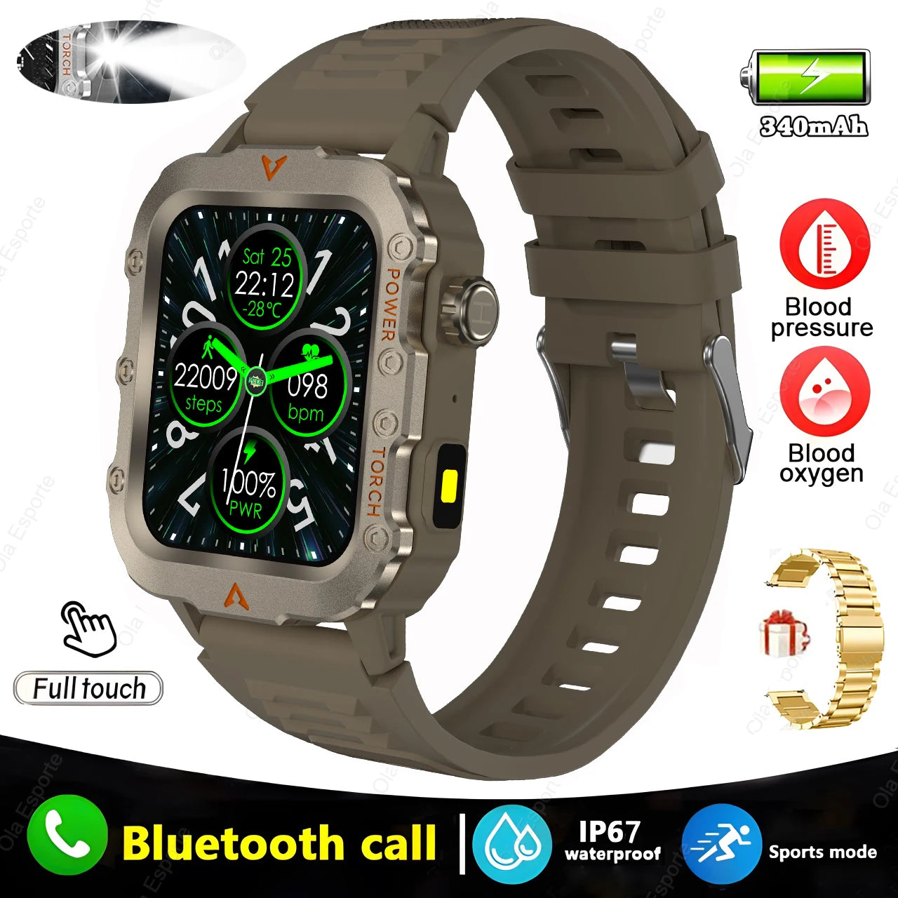Military-Style Smart Watch | Bluetooth Call, Heart Rate, Flashlight