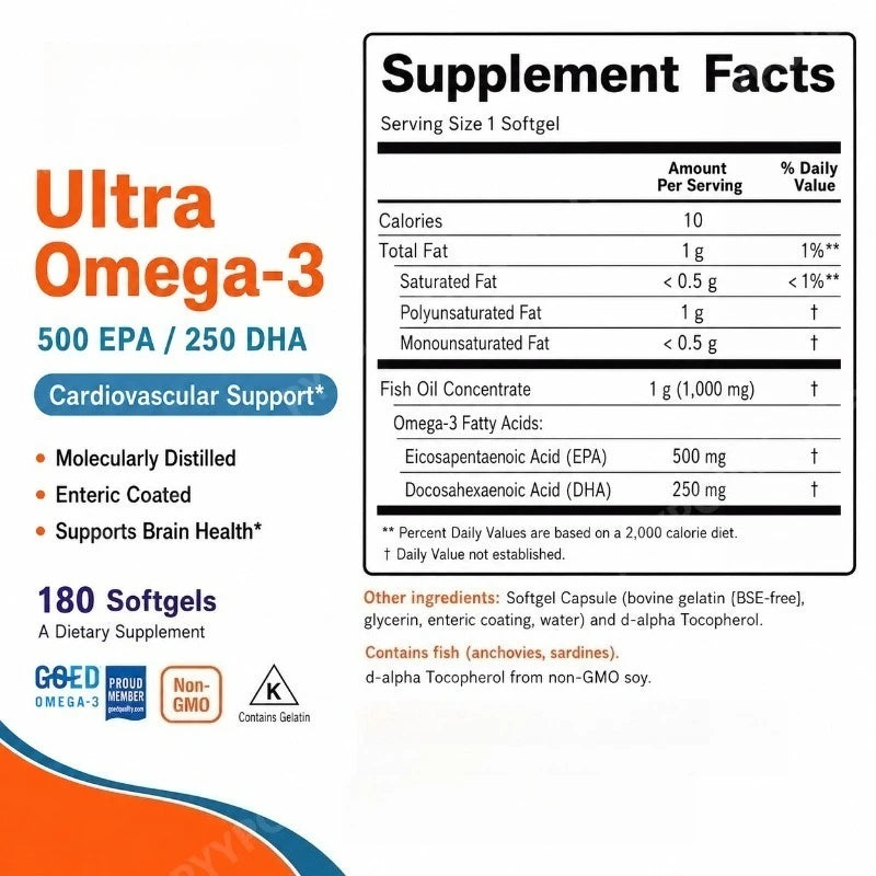 Omega-3 Softgels 180ct | 500mg EPA 250mg DHA | Non-GMO