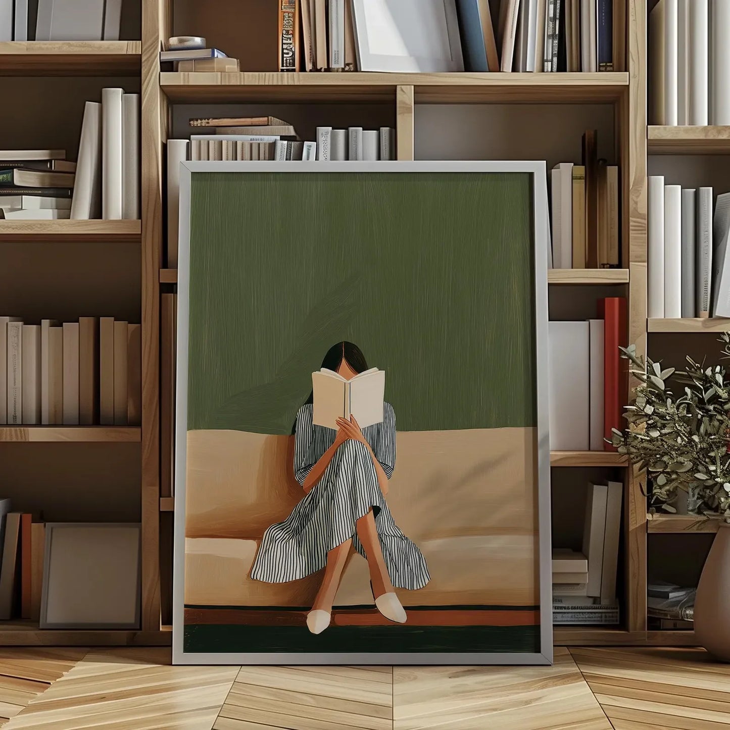 Emerald Green Reading Woman Canvas Wall Art | Minimalist Print