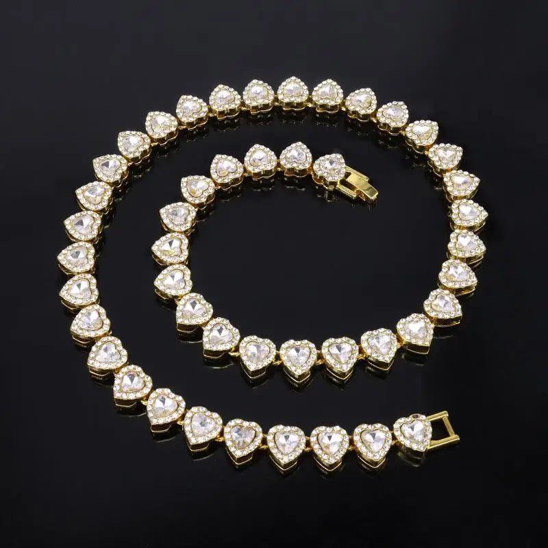 Hip Hop Tennis Chain Necklace – CZ Rhinestone Heart, 45cm
