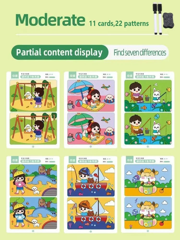 Find Difference Fun Focus Training Game Erasable Picture Cards
