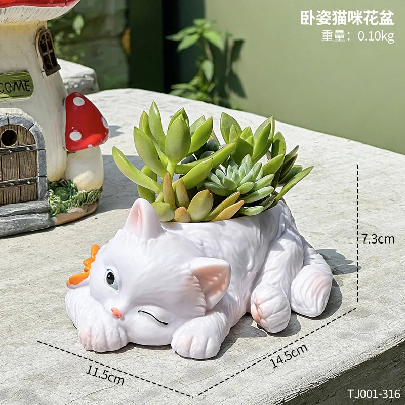 Cartoon Cat Resin Succulent Pot | Cute Desktop Plant Pot