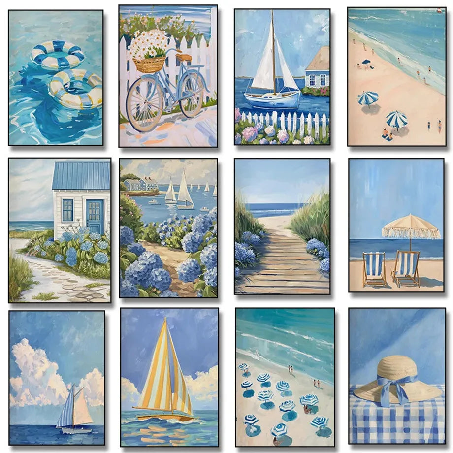 Blue Coastal Canvas Wall Art | Hydrangea Beach Seashell Print