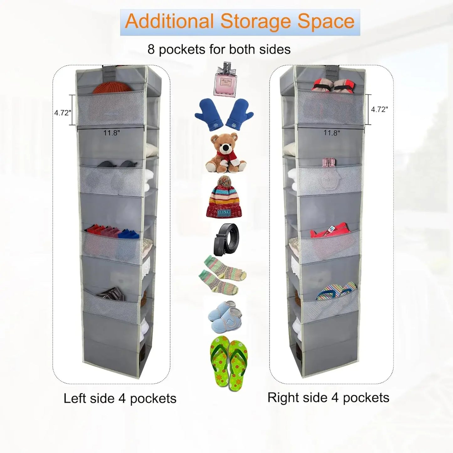 10-Shelf Hanging Shoe Organizer with 8 Side Pockets, Wide Storage for Shoes Clothes Toys, Grey Peaceful Pleasures Health and Wellness