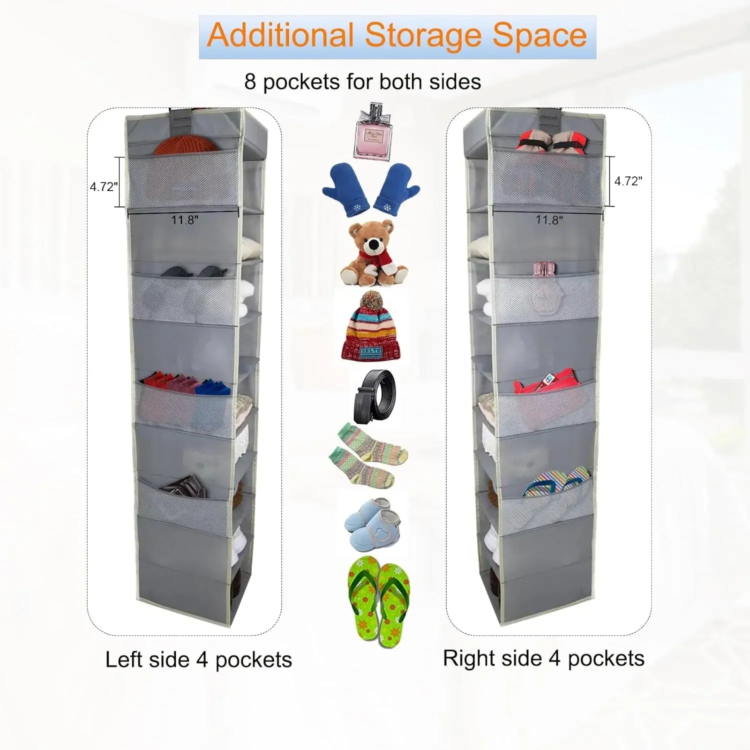 10-Shelf Hanging Shoe Organizer with 8 Side Pockets, Wide Storage for Shoes Clothes Toys, Grey Peaceful Pleasures Health and Wellness